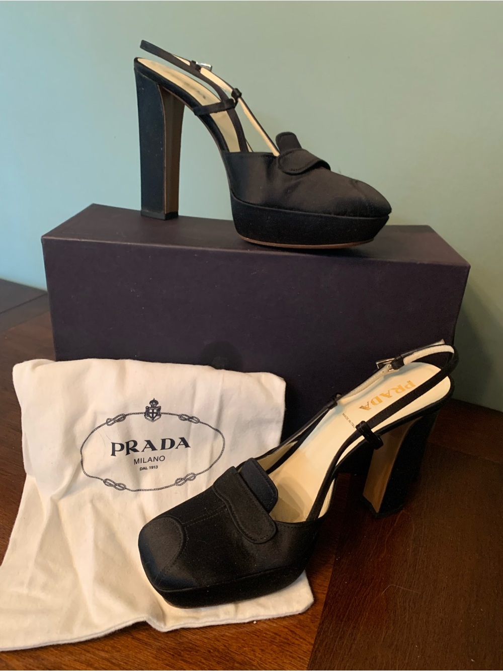 Prada Black Satin Slingback Platform Pumps with Block Heel